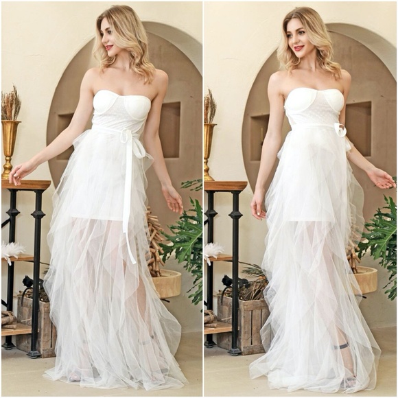 White belted boho mesh ruffle maxi dress wedding - Picture 3 of 3